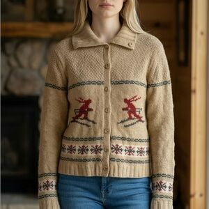 Eddie Bauer Women’s Medium 100% Lambs Wool Button Up Cardigan Sweater Skier